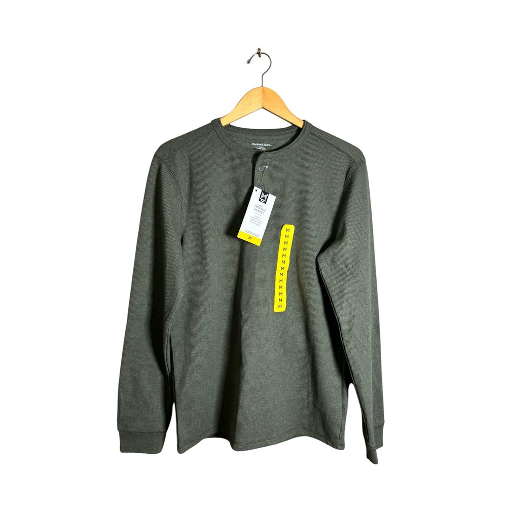 Members Mark Mens Thermal Henley Green Waffle Knit Long Sleeve MMTHFA2503 M